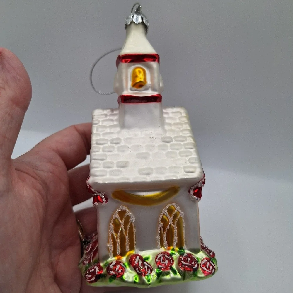 Church Blown Glass Ornament Beautiful Shape Rose Bushes Steeple & Windows